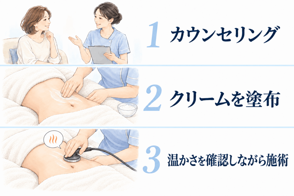 ボディ施術の流れ。カウンセリング、腹部にクリームを塗布、腹部に電極を当てて温かさを確認しながら施術